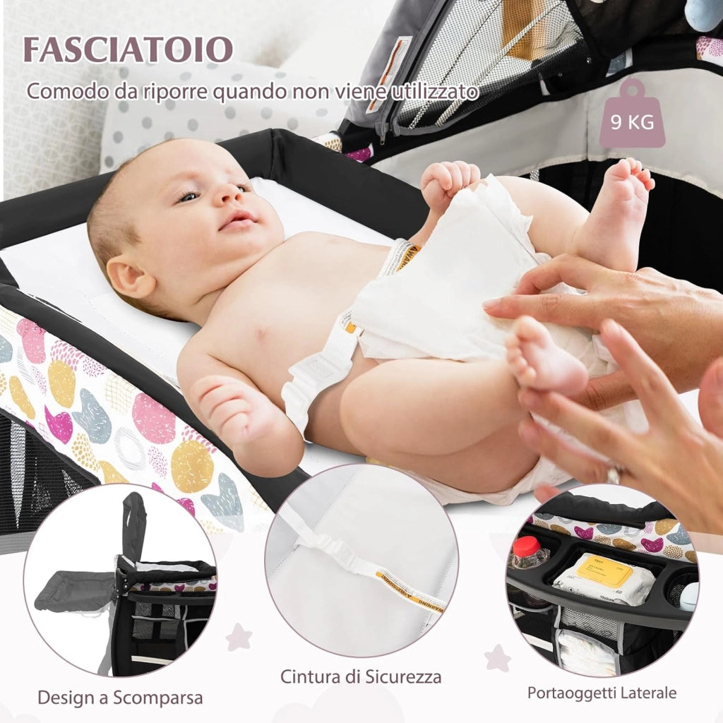 4 in 1 Lettino da Campeggio con Fasciatoio, Lettino Pieghevole per Bambini con Materasso, Centro Neonati con Culla, Box Musicale, Cappottina Regolabile, Borsa da Viaggio (Cuore)