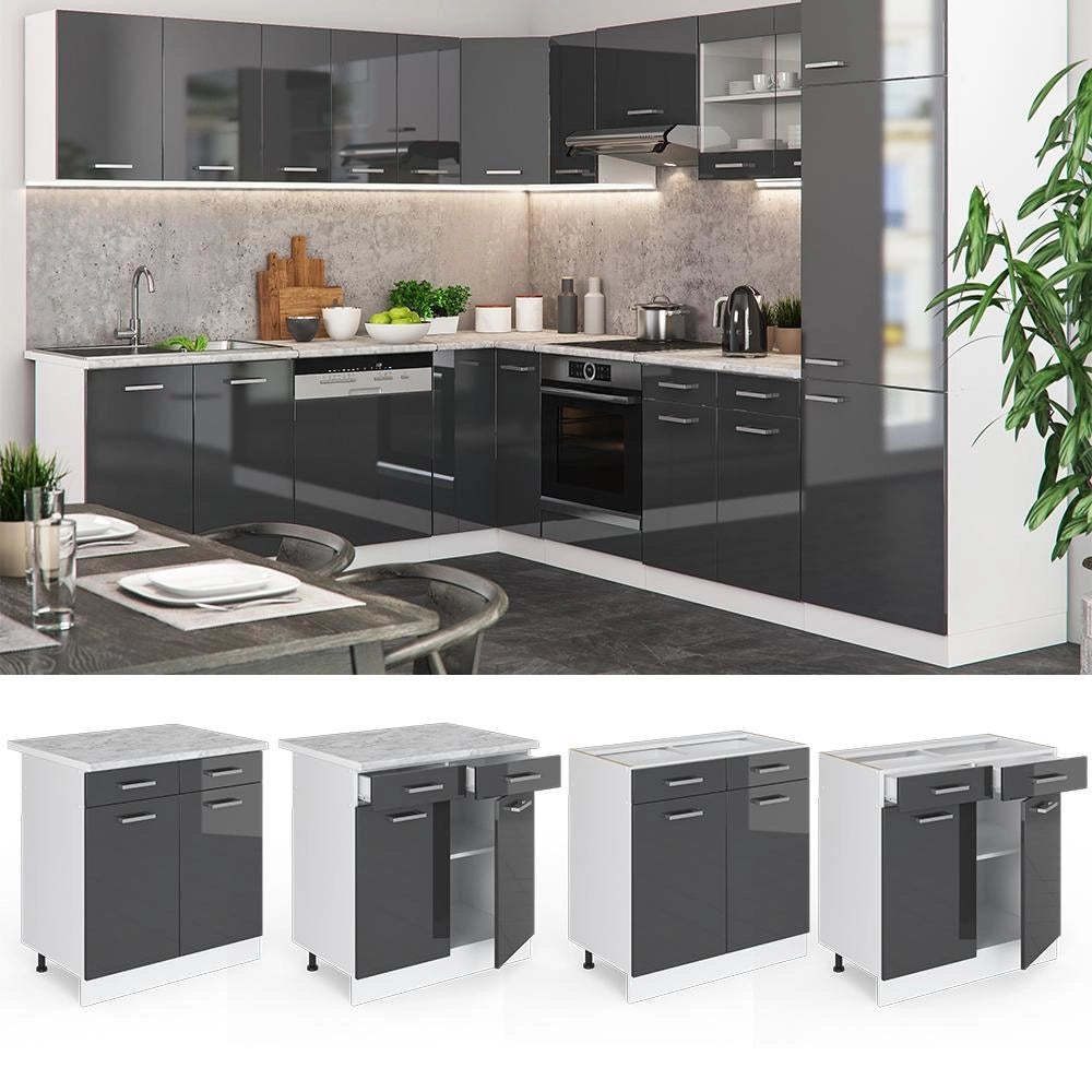 Mobiletto base per cucina R-Line Antracite lucido/Bianco 80 cm senza piano di lavoro Vicco