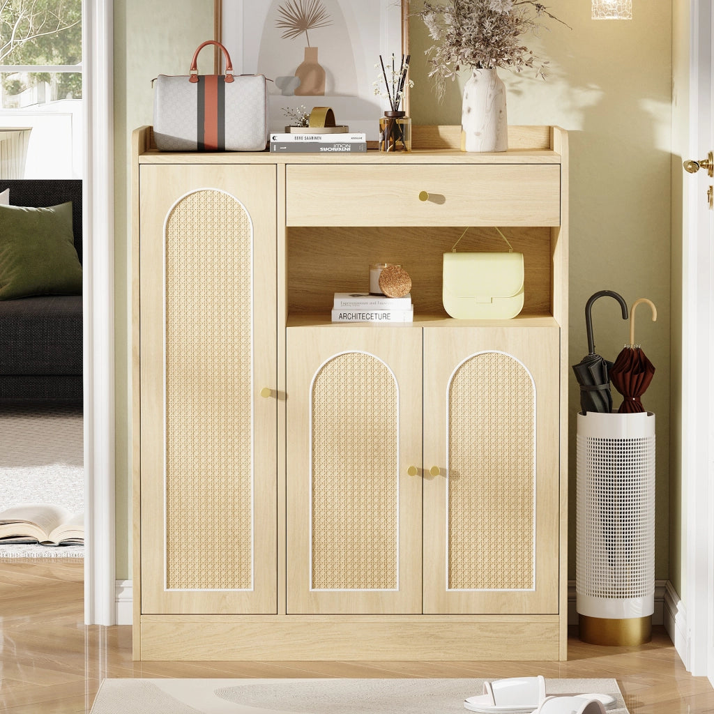Armadio portascarpe in rattan con 1 cassetto e 3 ante, struttura in MDF e truciolare, colore naturale, 90 x 35 x 110 cm
