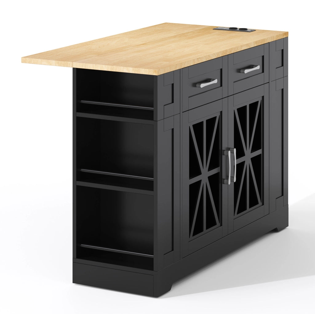 Isola cucina mobile con piano ribaltabile 120x40(65) cm in MDF nero e naturale