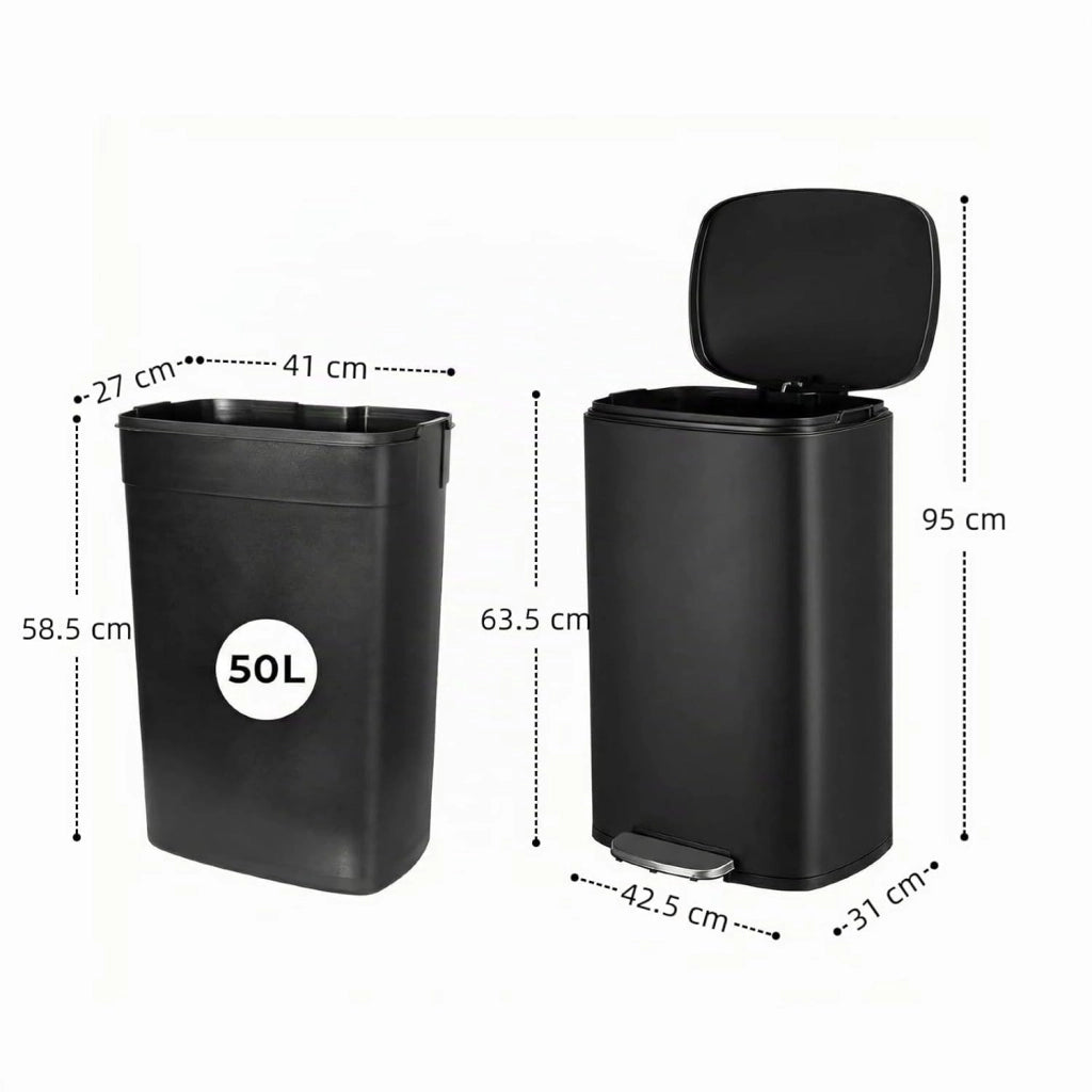 Pattumiera Cucina 50 Litri, Cestino a Pedale in Acciaio con Coperchio a Chiusura Morbida, Secchio Interno, 50 l Cestino per Interno Cucina, Bagno, Ufficio, Nero