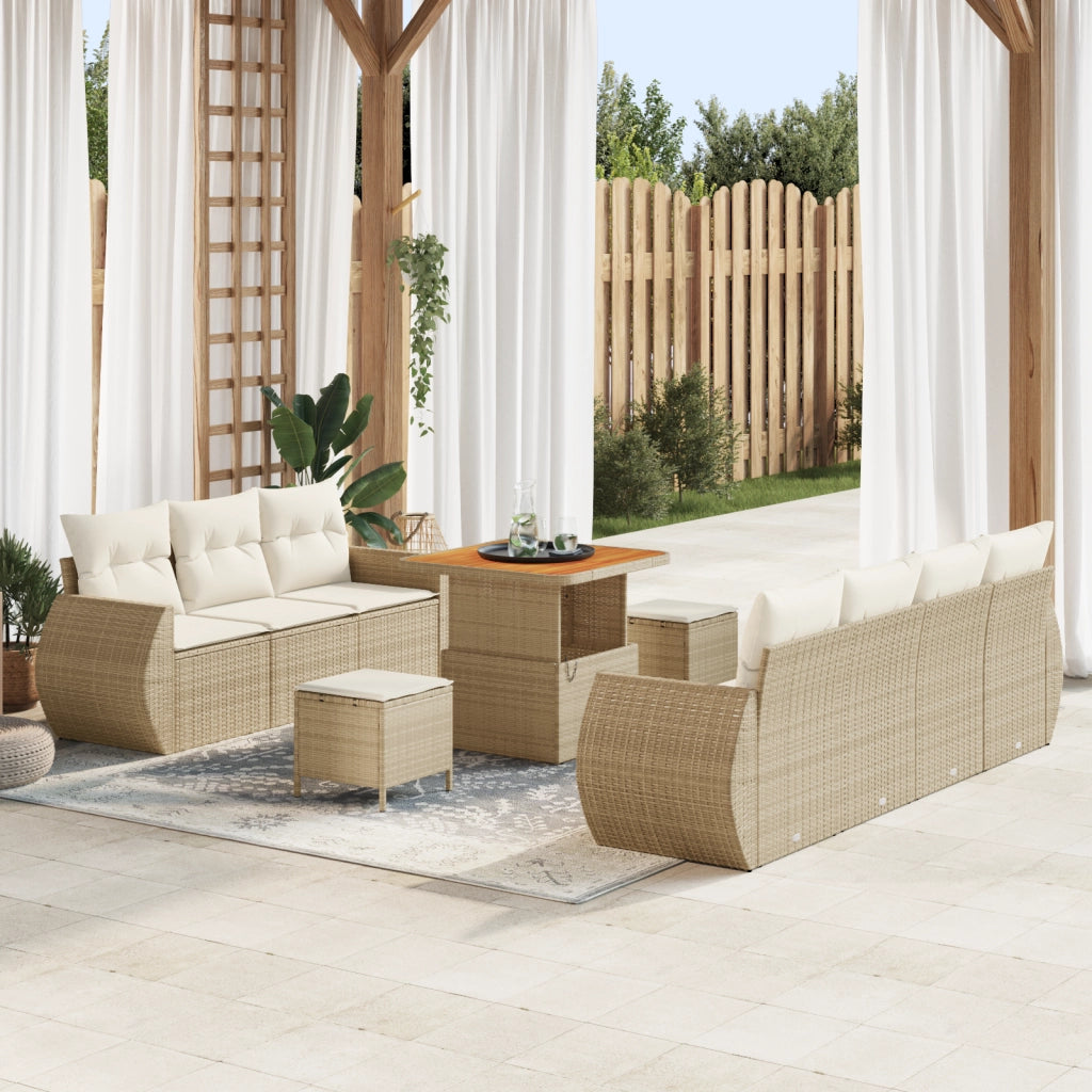 Set Divano Giardino 10 Pezzi con Cuscini Beige Polyrattan Acacia