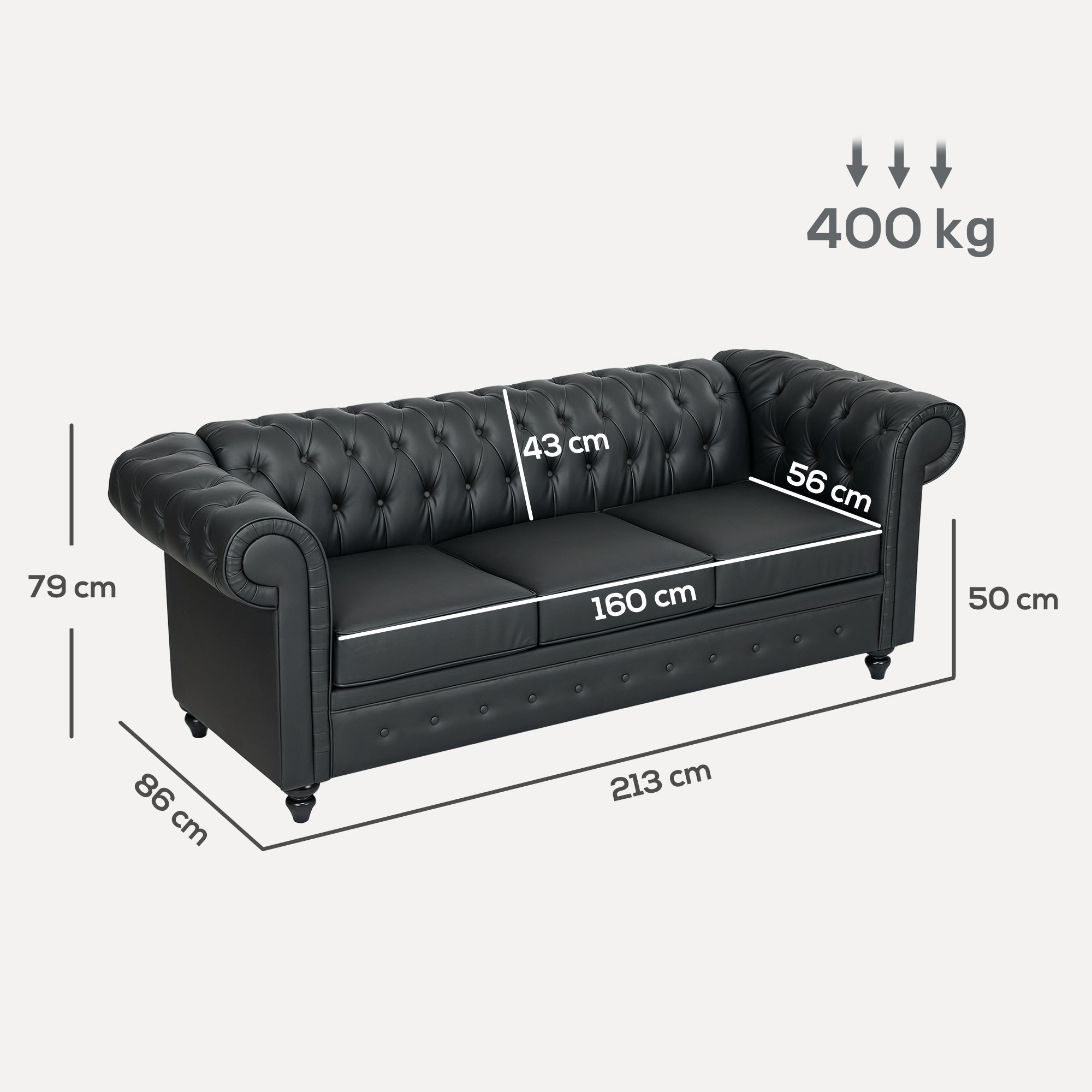 Divano 3 Posti Stile Chesterfield 213x86x79 cm a Molle Insacchettate in Finta Pelle Nero