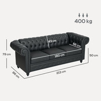 Divano 3 Posti Stile Chesterfield 213x86x79 cm a Molle Insacchettate in Finta Pelle Nero