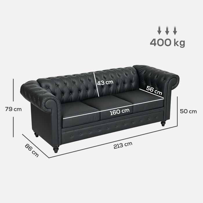 Divano 3 Posti Stile Chesterfield 213x86x79 cm a Molle Insacchettate in Finta Pelle Nero