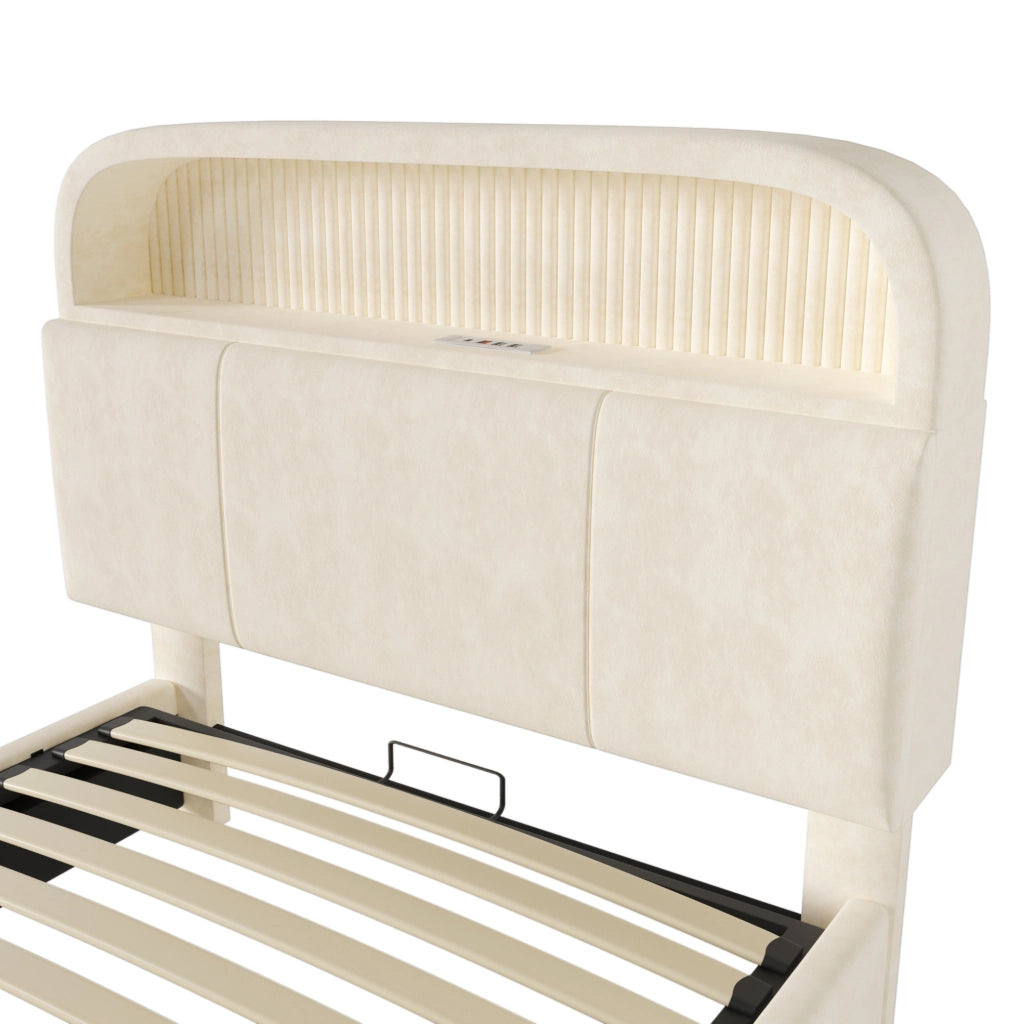 Letto singolo 90x200 cm con contenitore; testiera regolabile; LED e porta USB C; velluto beige
