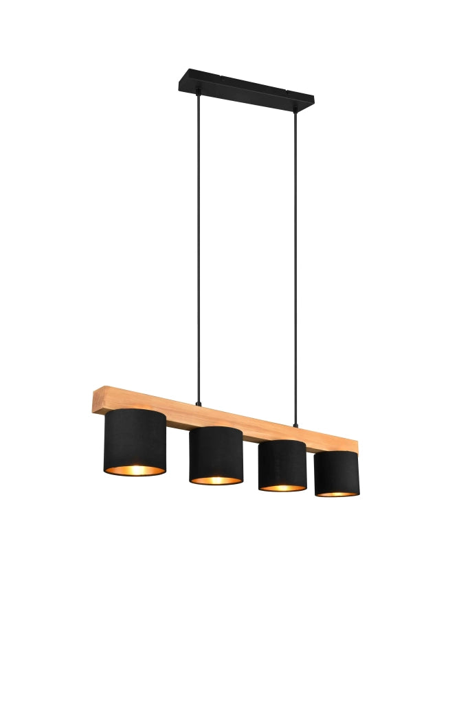 Lampada a sospensione 4 paralumi, legno, nero, L 75 cm, Cameron