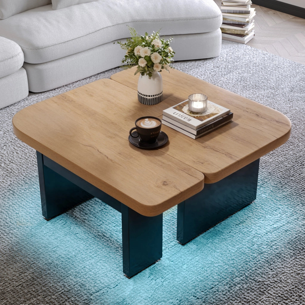 Tavolino da caff猫 2 in 1 con LED; 90 x 60 x 44;5 cm; in MDF effetto legno naturale e nero