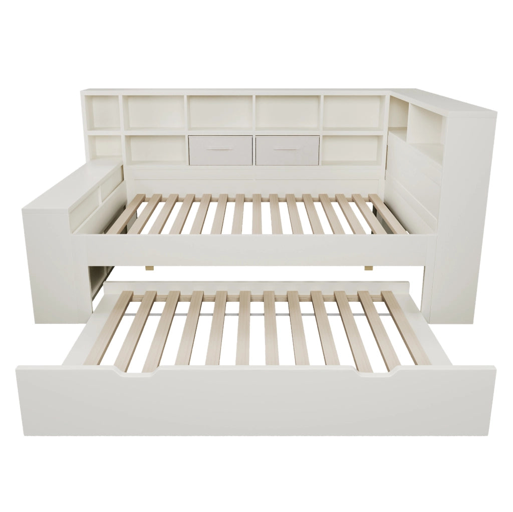 Letto 90x200 cm con letto estraibile; USB e Type-C in legno e truciolare bianco