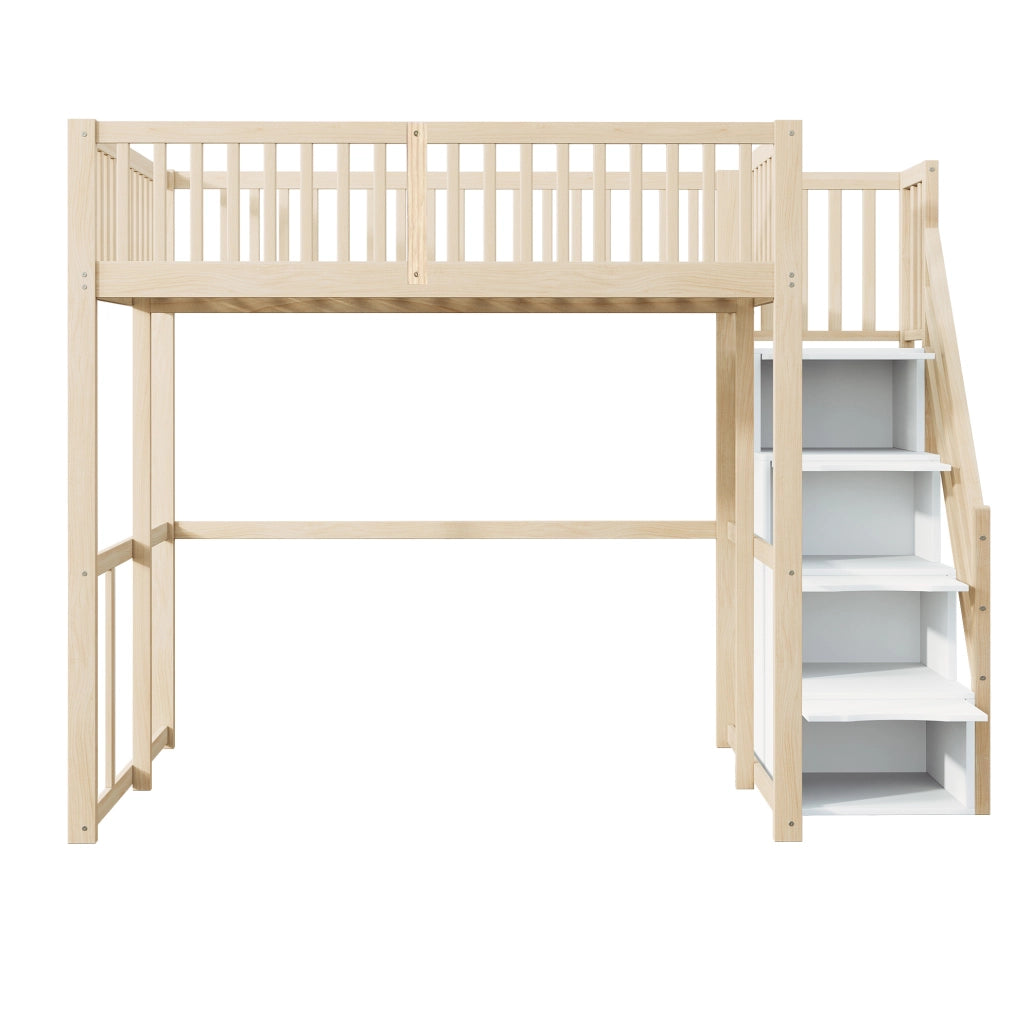 Letto a soppalco 140x200 cm in legno di pino naturale con scala contenitore e sponde di sicurezza