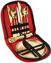 Borsa di tessuto rossa, set di cucito all'aperto in acciaio inox dorato, ideale per il campeggio, coltello steak, forchetta e cucchiaio, decenne.