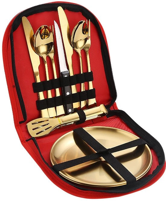 Borsa di tessuto rossa, set di cucito all'aperto in acciaio inox dorato, ideale per il campeggio, coltello steak, forchetta e cucchiaio, decenne.
