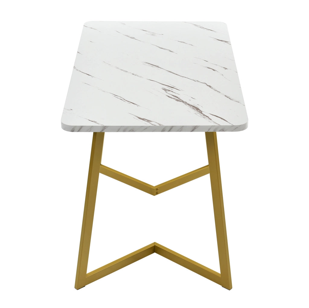 Tavolo da pranzo rettangolare 117x68x75 cm in MDF effetto marmo; bianco e oro