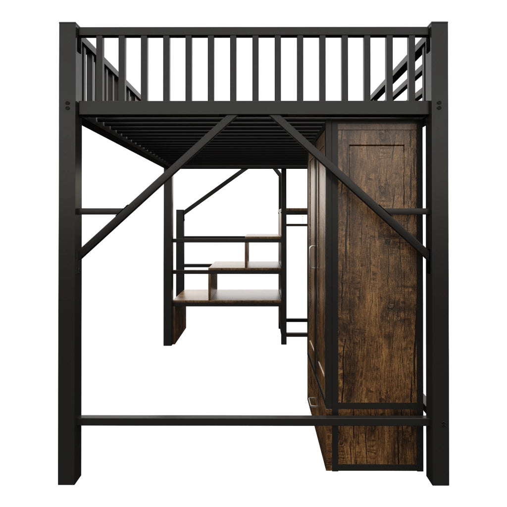 Letto a soppalco in metallo 140 x 200 cm con armadio, cassetti e scala contenitore, nero