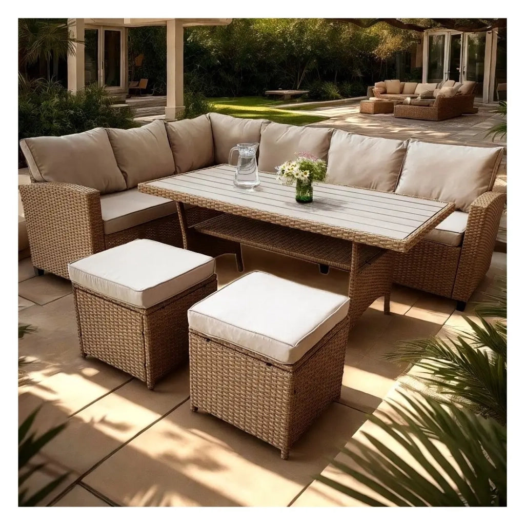 Salotto da giardino ad angolo LIVANA con tavolo e 2 pouf beige e marrone chiaro