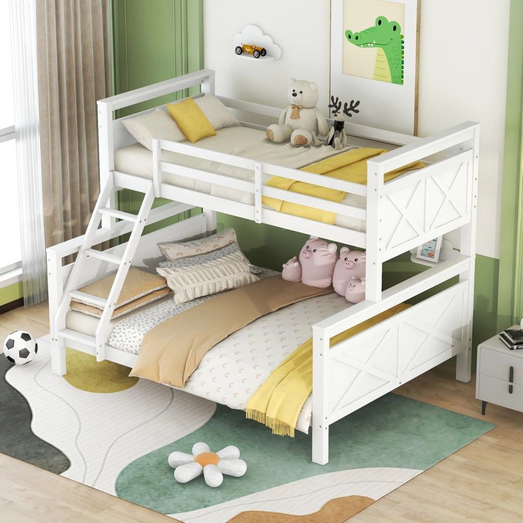 OKWISH Letto a Castello 90×200 cm e 140×200 cm, Letto 3 Posti con Scala Inclinata e Sponda di Sicurezza, senza Materasso, Bianco