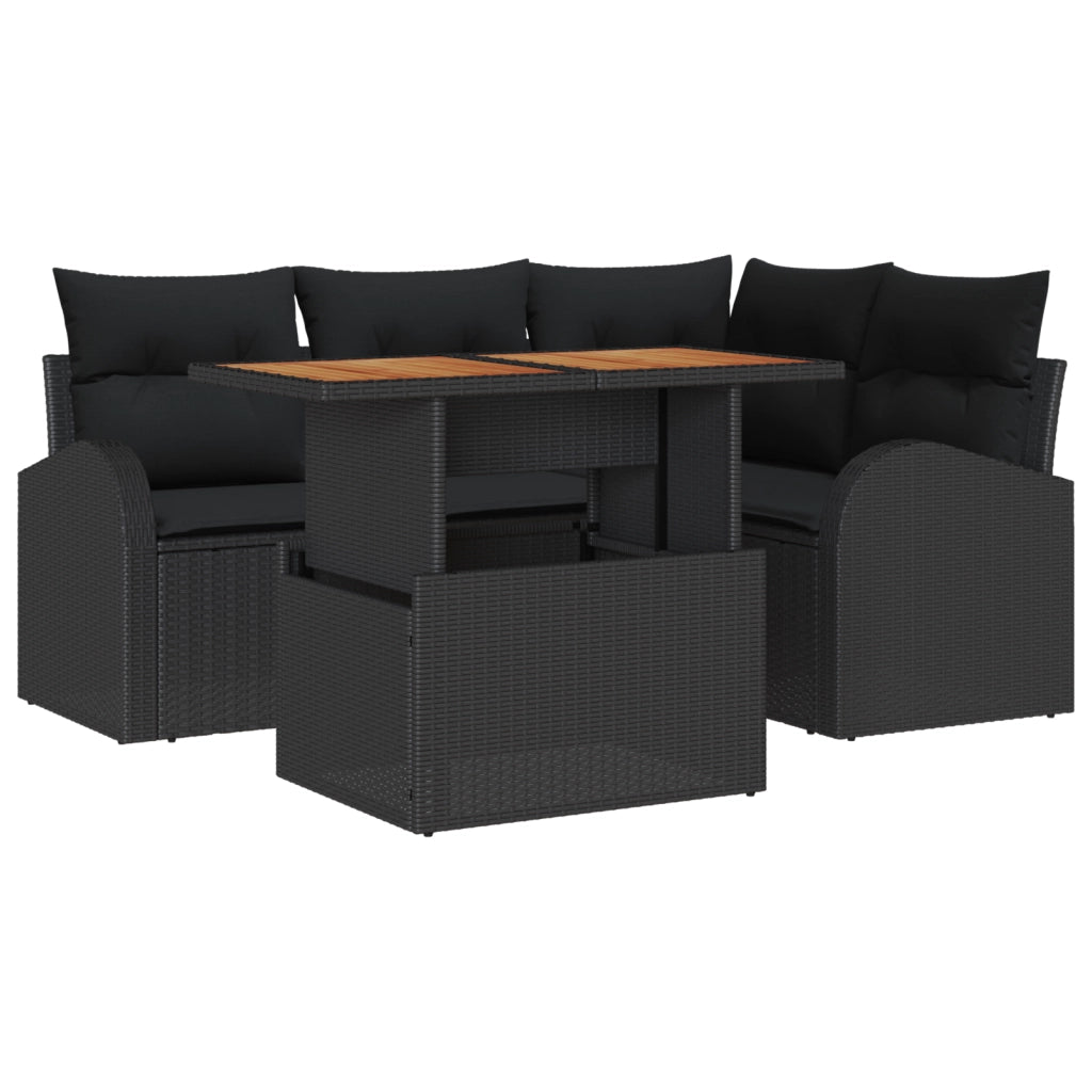 Set da Pranzo da Giardino 5 Pezzi con Cuscini Neri Polyrattan