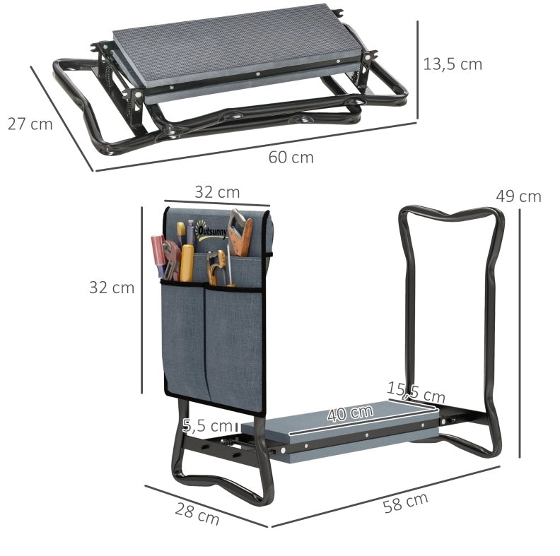 Sgabello da giardino pieghevole 2-in-1 con cuscino per ginocchia e borsa porta attrezzi, acciaio, 58x28x49 cm, grigio, carico max 150 kg
