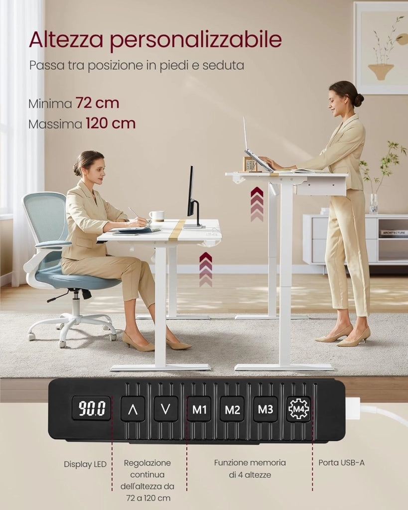 VASAGLE Scrivania Elettrica Regolabile in Altezza, Piano del Tavolo 70 x 160 cm, Regolabile in Continuo, Funzione di Memoria con 4 Altezze, Bianco Nuvola e Rovere Natura LSD116W01