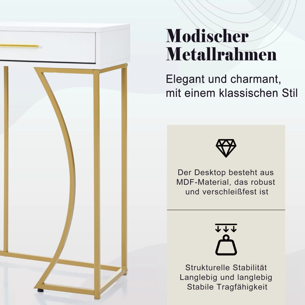 TAVOLO CONSOLLE con cassetto 110x32x85 cm MDF bianco e struttura in metallo