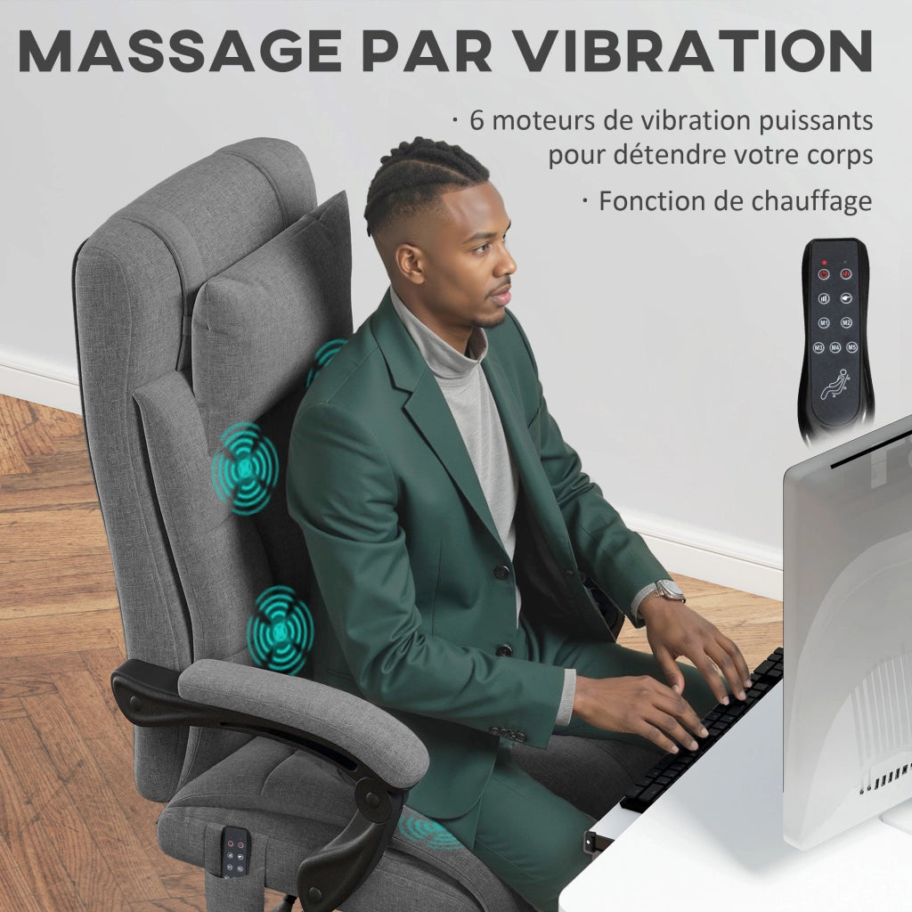Sedia da Ufficio Ergonomica con Massaggio Riscaldante ¨C Xylo ¨C Tessuto Effetto Lino Grigio Regolabile 116-124 cm
