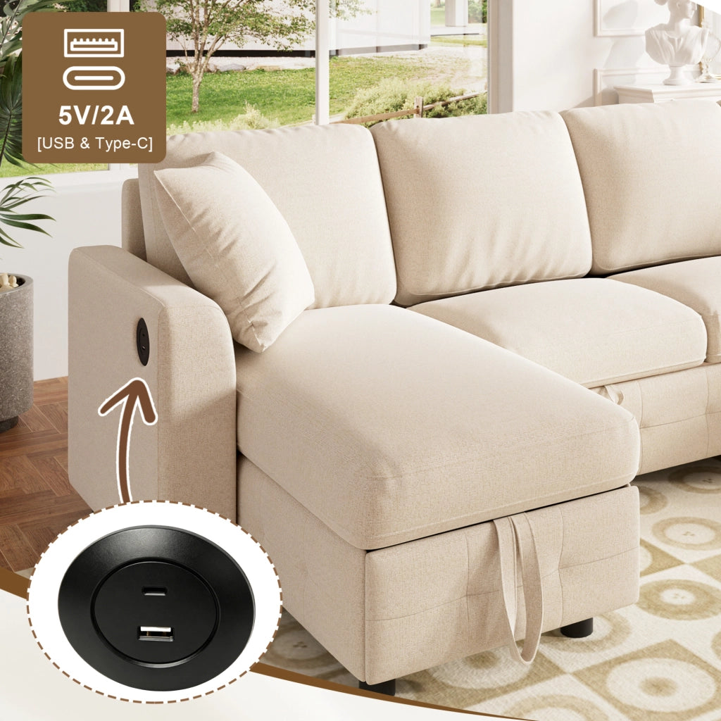 Divano letto estraibile con 2 chaise longue contenitore; USB e Type-C; Chenille beige; 260x128x82 cm