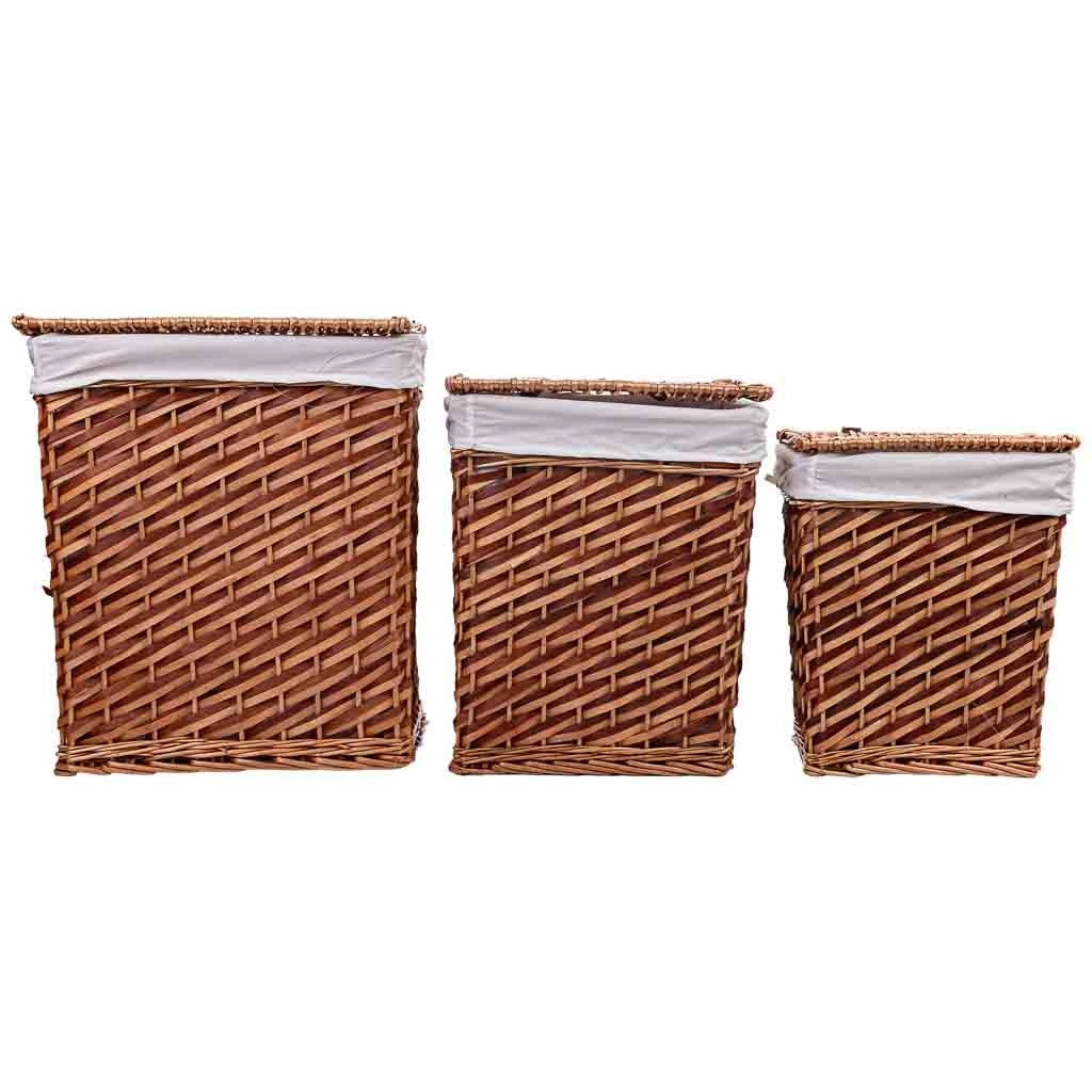 Set di 3 cestini in vimini marroni: L: 42x33x50 cm, M: 35x28x43 cm, S: 30x22x37 cm