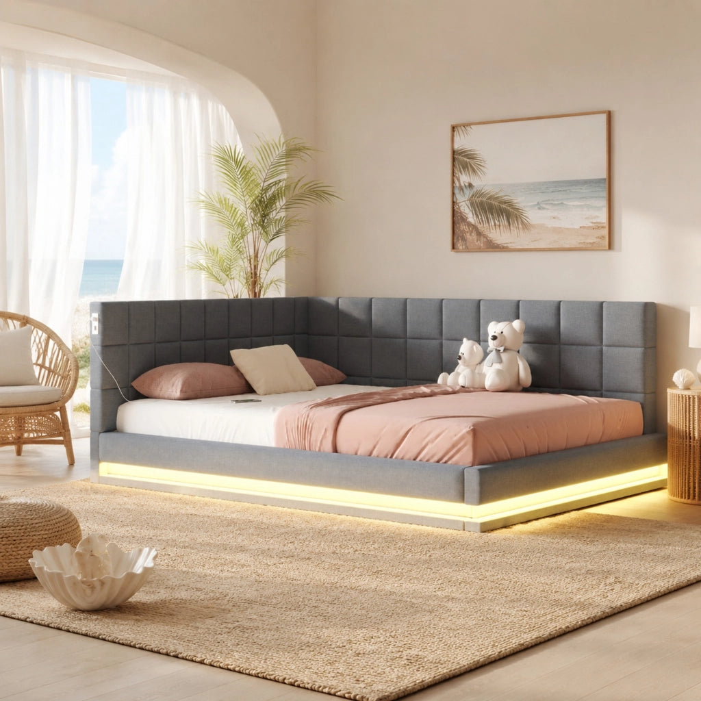 Divano letto matrimoniale 160x200 cm in lino grigio con LED; USB e rete a doghe
