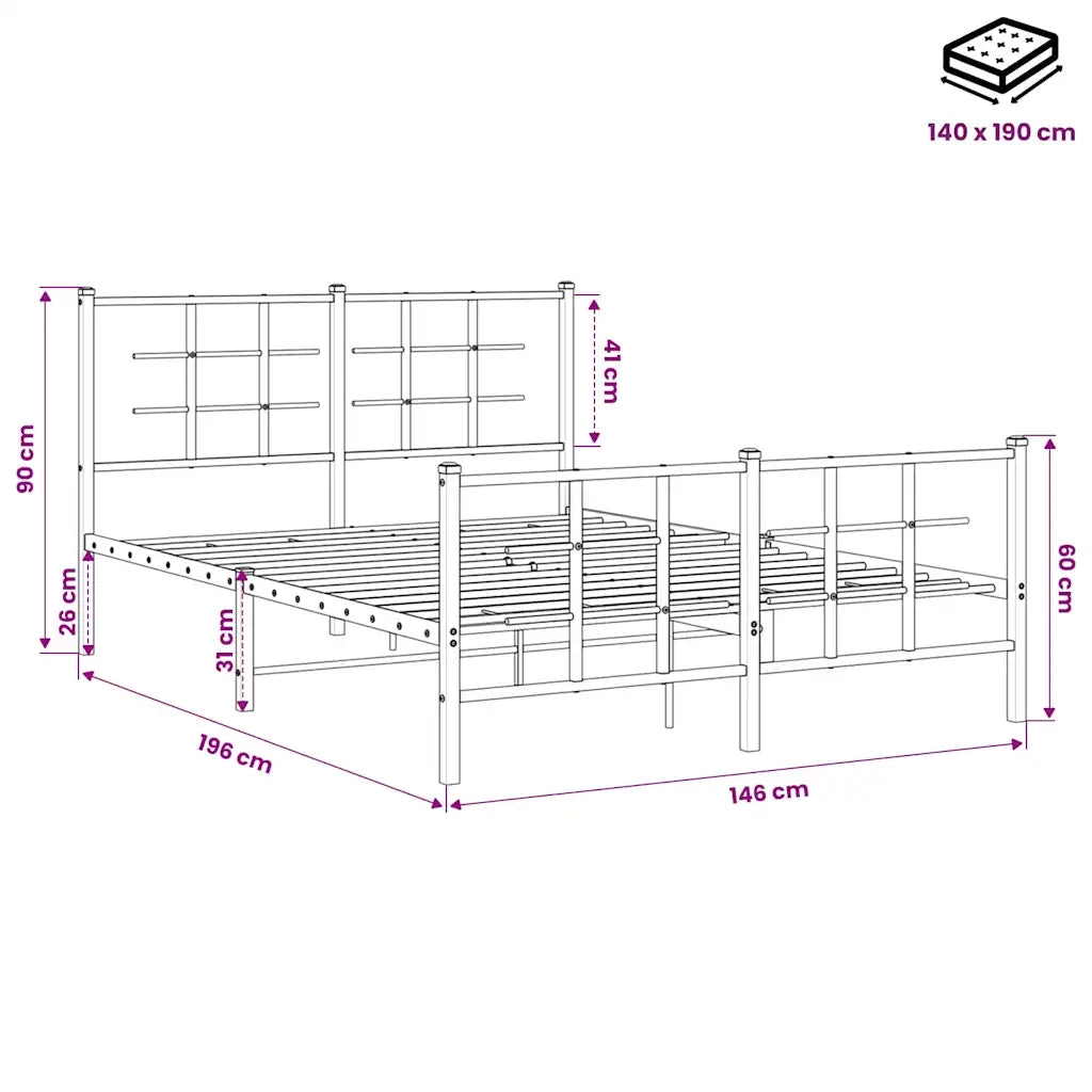 Letto matrimoniale | Letto per adulti | Giroletto con Testiera e Pediera Metallo Nero 140x190 cm