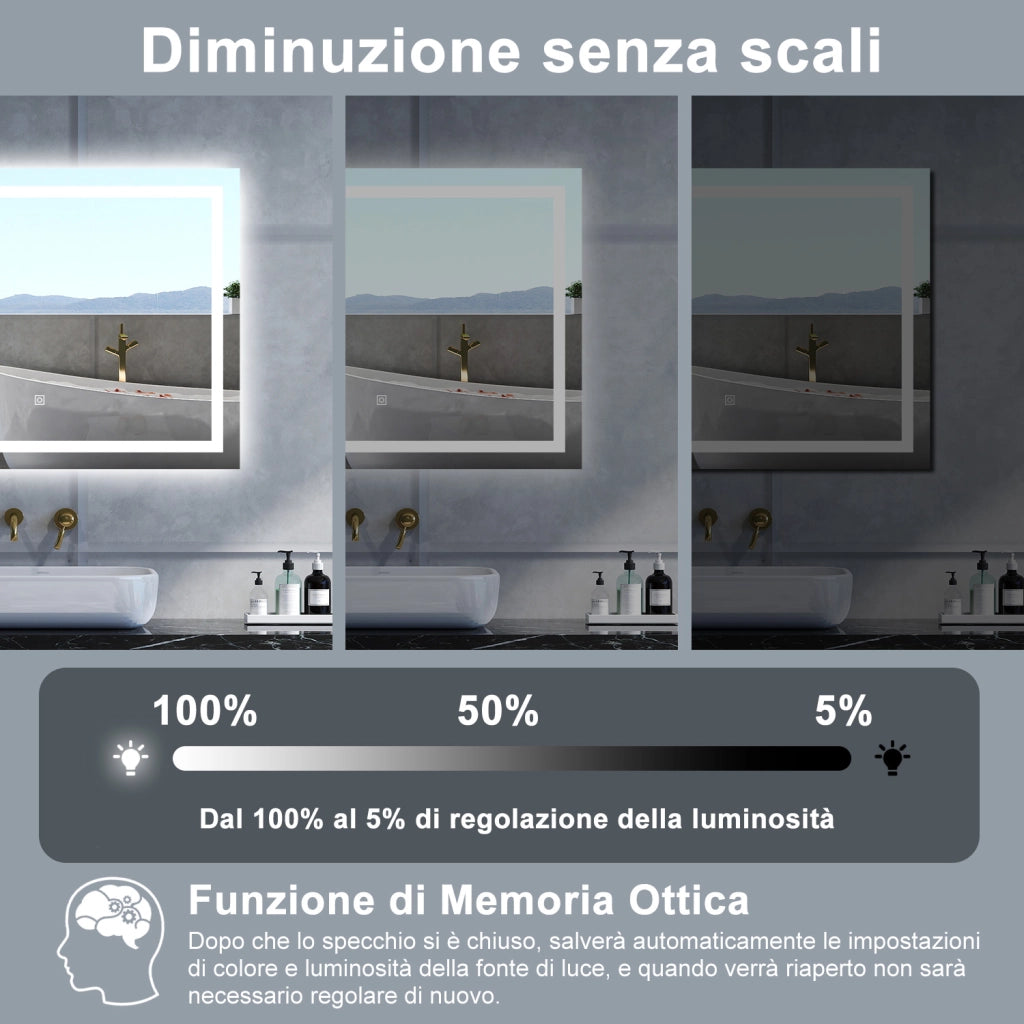 Specchio da bagno Rettangolare con 80x60cm,Memoria, Antifog,Regorabile,Retroilluminato,doppio interruttore,