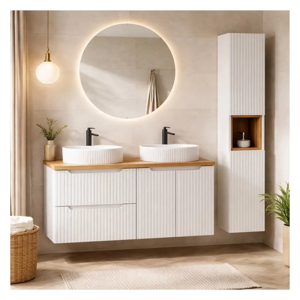 Set VANO bianco 150cm : mobile sotto lavabo con cassetti e armadietti + piano per lavabo + due lavabi da appoggio scanalati + colo