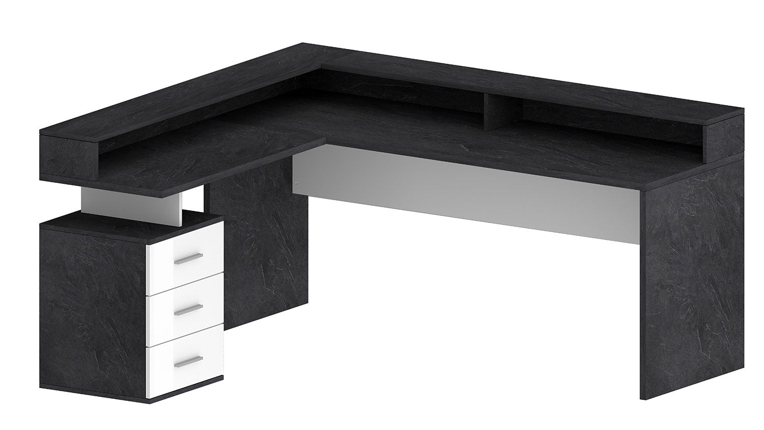 Scrivania Angolare 3 Cassetti e Ripiani a Giorno 180/160x60x90 cm New Selina Bianco Lucido/Report Grigio