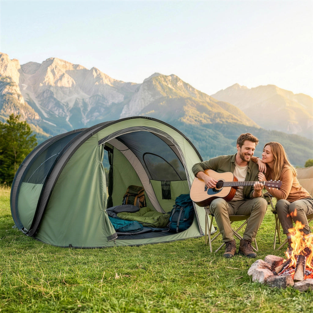 Tenda da Campeggio Pop-Up-Tenda per Escursionismo  4-5 Persone, 2 Porte, 2 Finestre, Impermeabile, Verde