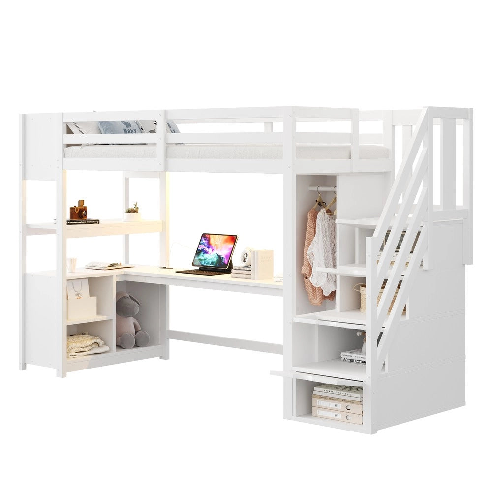 Letto a soppalco in legno con armadio e scrivania - Zephmum- 90x200cm, Bianco, Cassetti e scale con vani