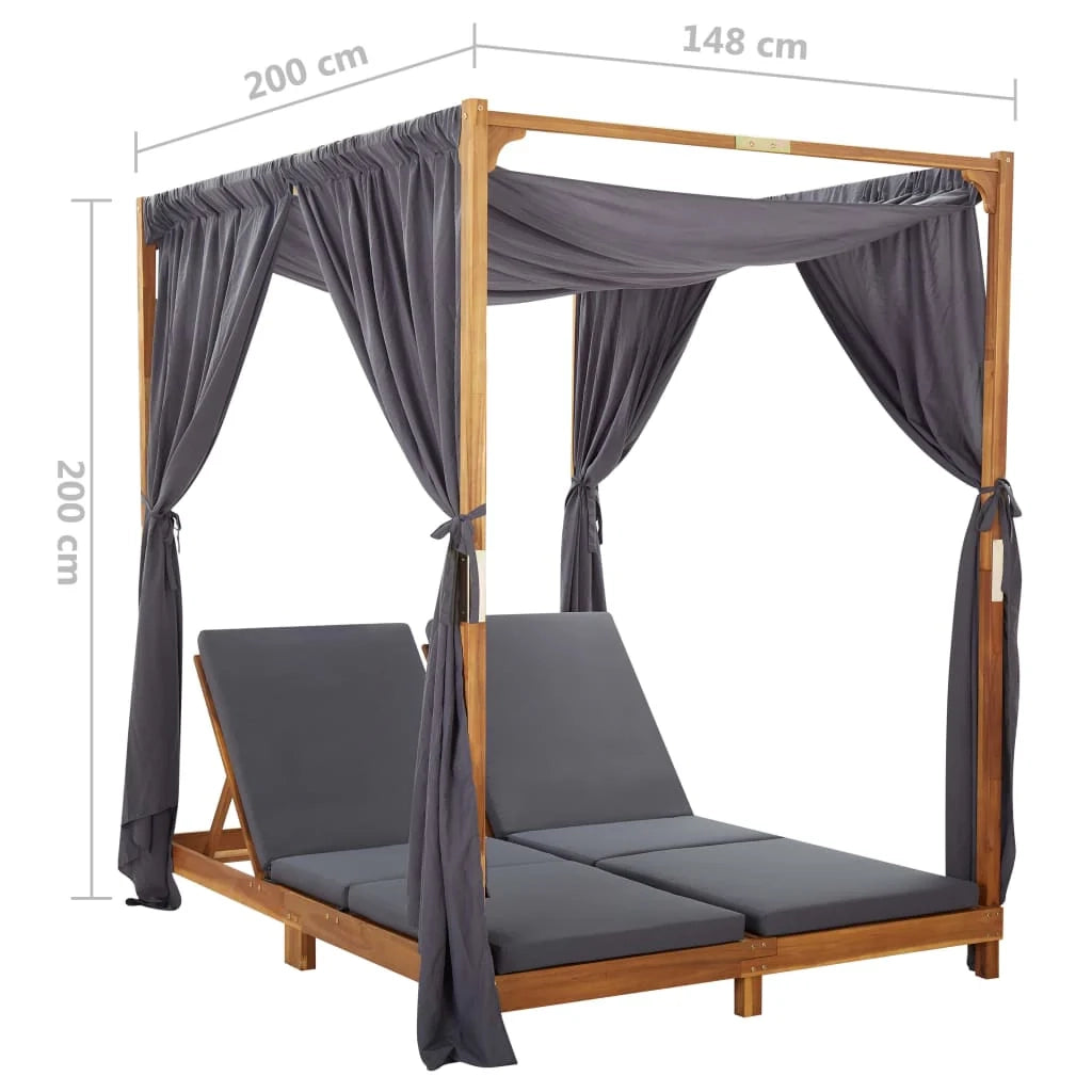 Lettino prendisole sedia a sdraio lettino da giardino mobili da patio set da esterno doppio con tende e cuscini legno di acacia 02_0012738