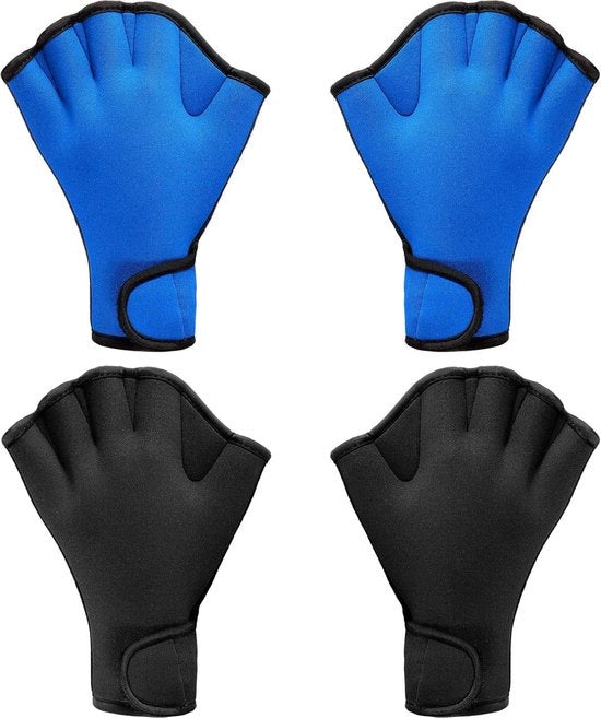 2 Paia di Guanti da Nuoto in Neoprene - Con Reticolo e Cinturino - Addestramento alla Resistenza Acquatica - Medio Nero/Azzurro