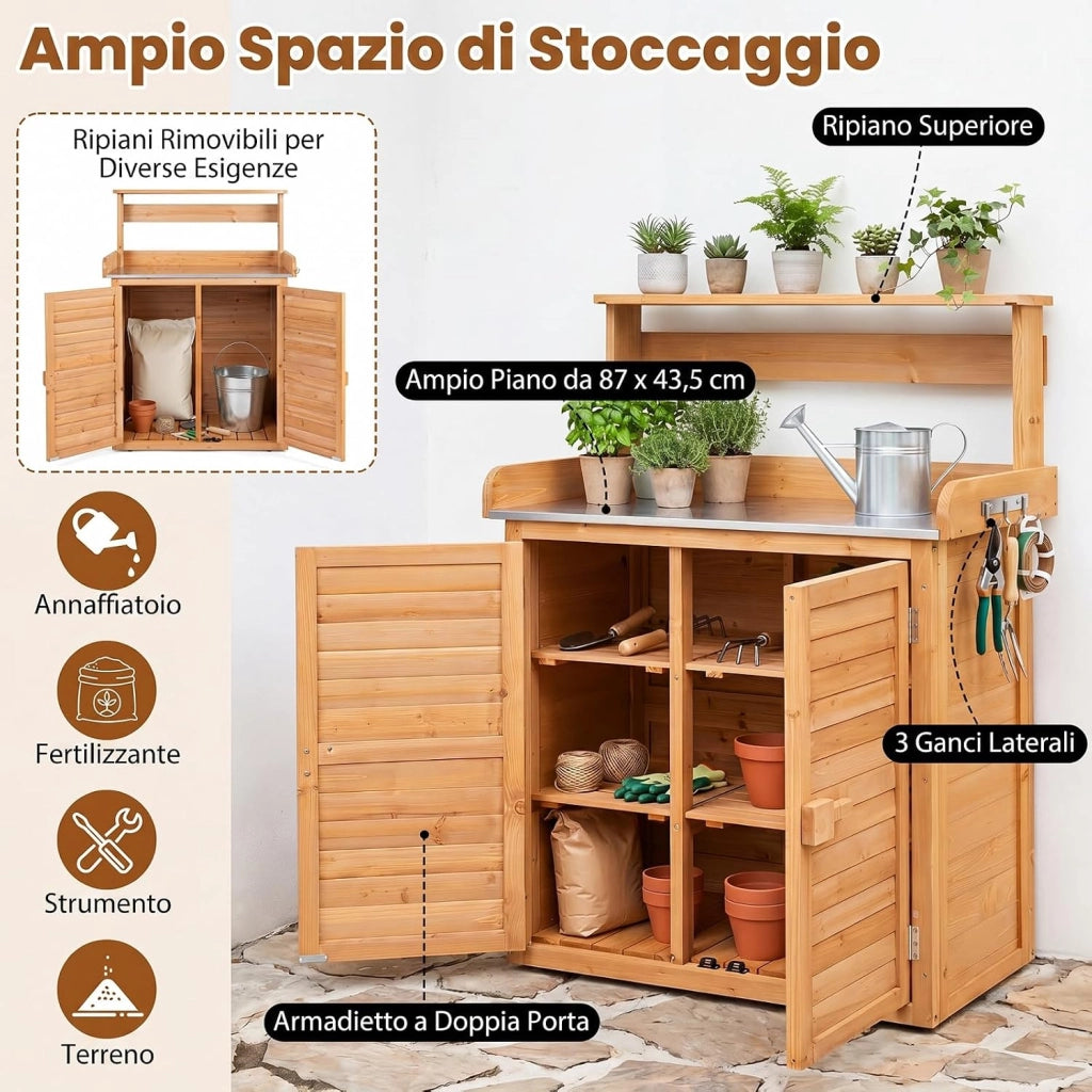 Armadietto da Esterno in Legno a 2 Livelli (Legno) | con Piano in Metallo Zincato, 3 Ganci Appendiabiti, Ripiani Rimovibili e Ante a Doghe, da Giardino, Balcone e Cortile