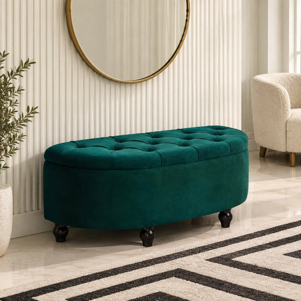 Panca contenitore in velluto verde scuro, 120 x 46 x 42 cm