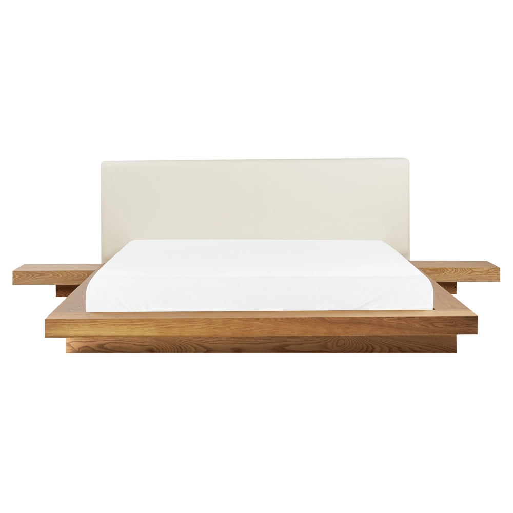 Letto ad acqua in stile giapponese in frassino naturale 160 x 200 cm testata in MDF impiallacciato in legno testata in pelliccia sintetica