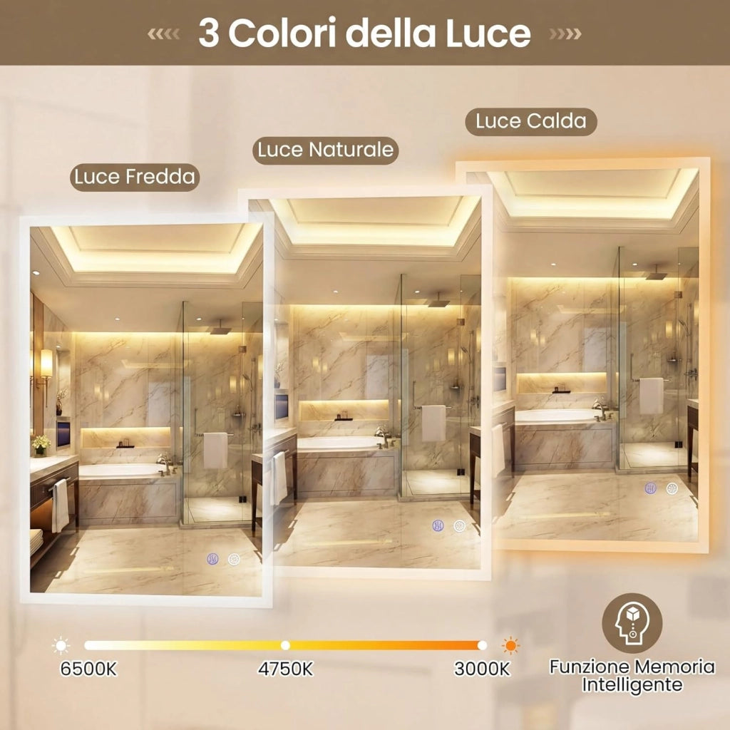 Specchio da Bagno LED 80 x 60 cm, Specchio da Parete Rettangolare con Anti-appannamento, Memoria, 3 Colori di Luce, Dimmerazione Continua e Vetro Temperato Infrangibile (80 x 60 x 3 cm)