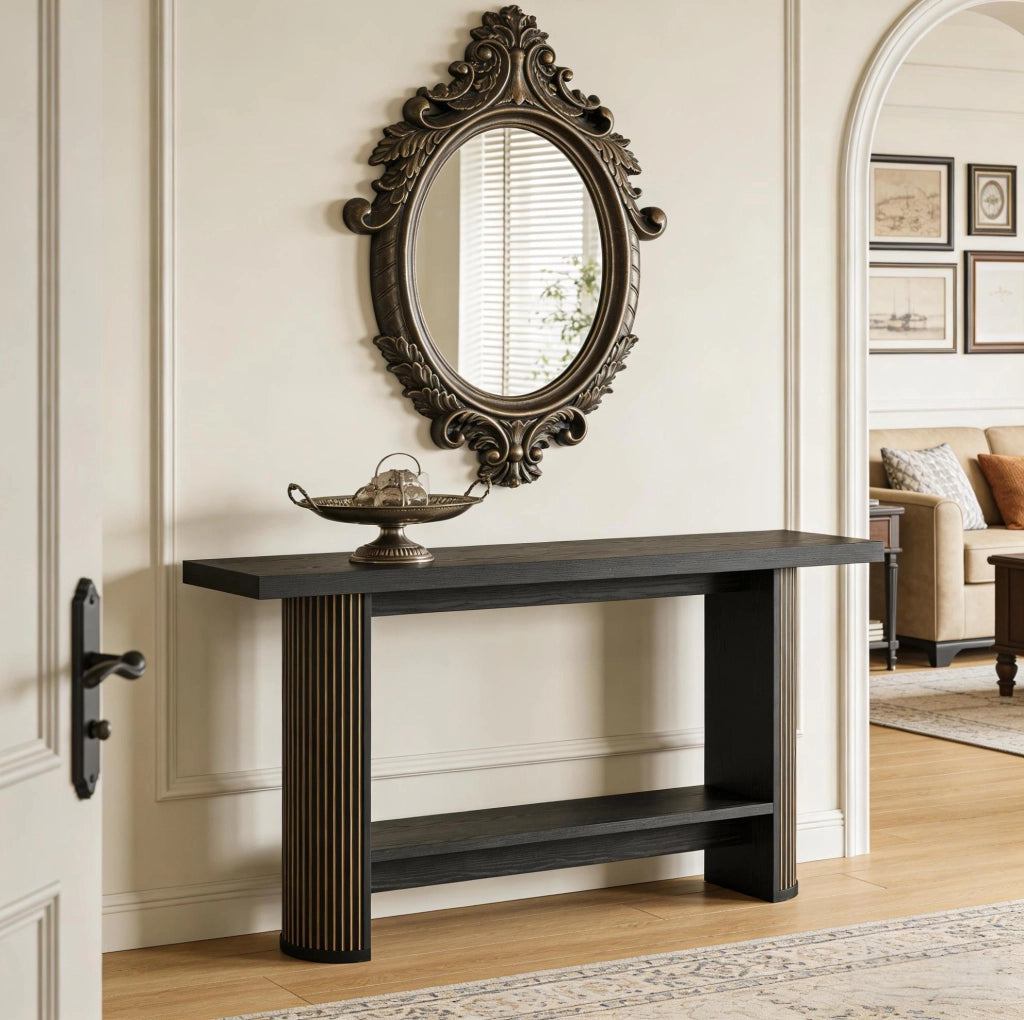 Tavolo consolle salvaspazio in legno nero dal design moderno