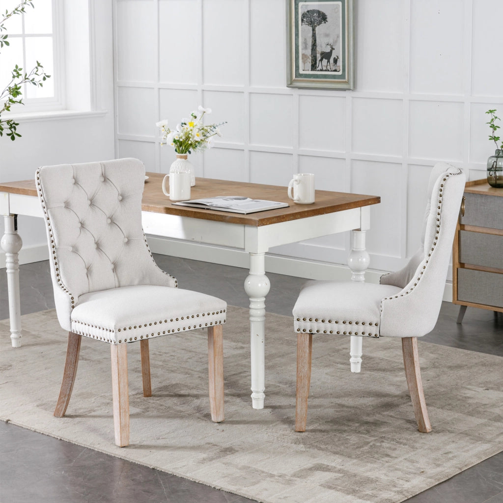 Sedie da Pranzo Imbottite in Lino con Gambe in Legno Massello, Set 2 Pezzi ¨C Xylo ¨C Beige