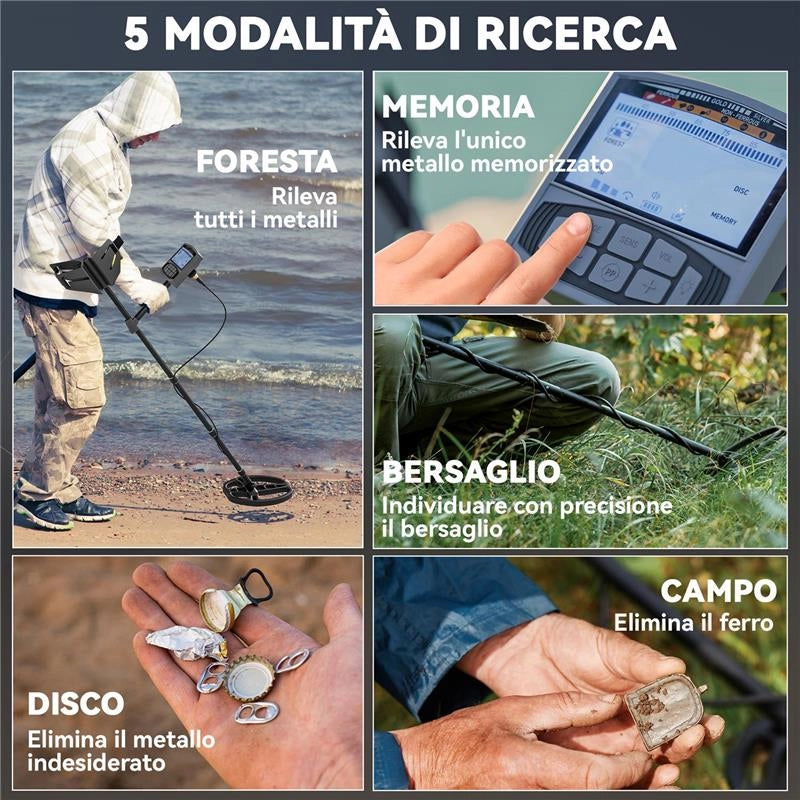 METAL DETECTOR PROFESSIONALE CON 5 MODALITÀ IMPERMEABILE IP68 E DISPLAY LCD RETROILLUMINATO