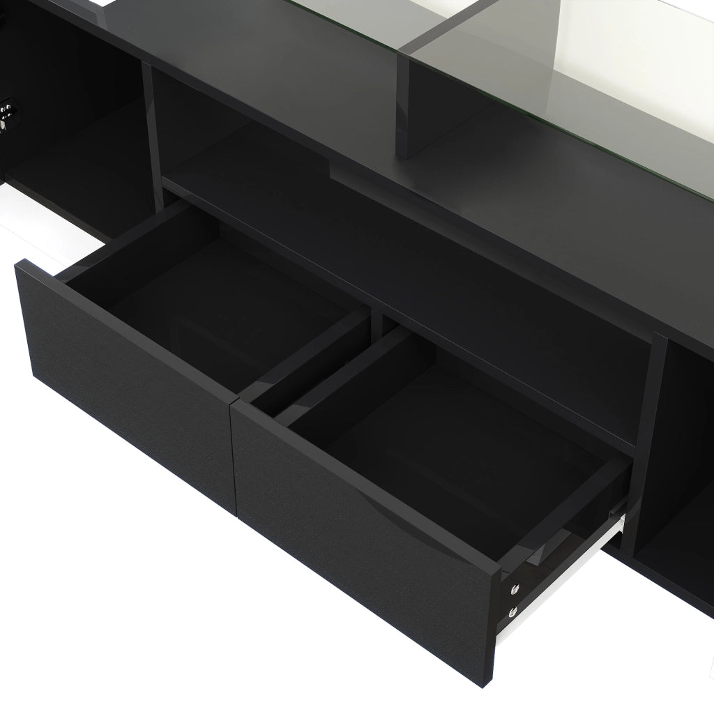 Mobile TV con 6 Ante; 2 Cassetti e LED; Bianco e Nero Lucido; 200¡Á35¡Á60 cm; in Pannello Truciolare