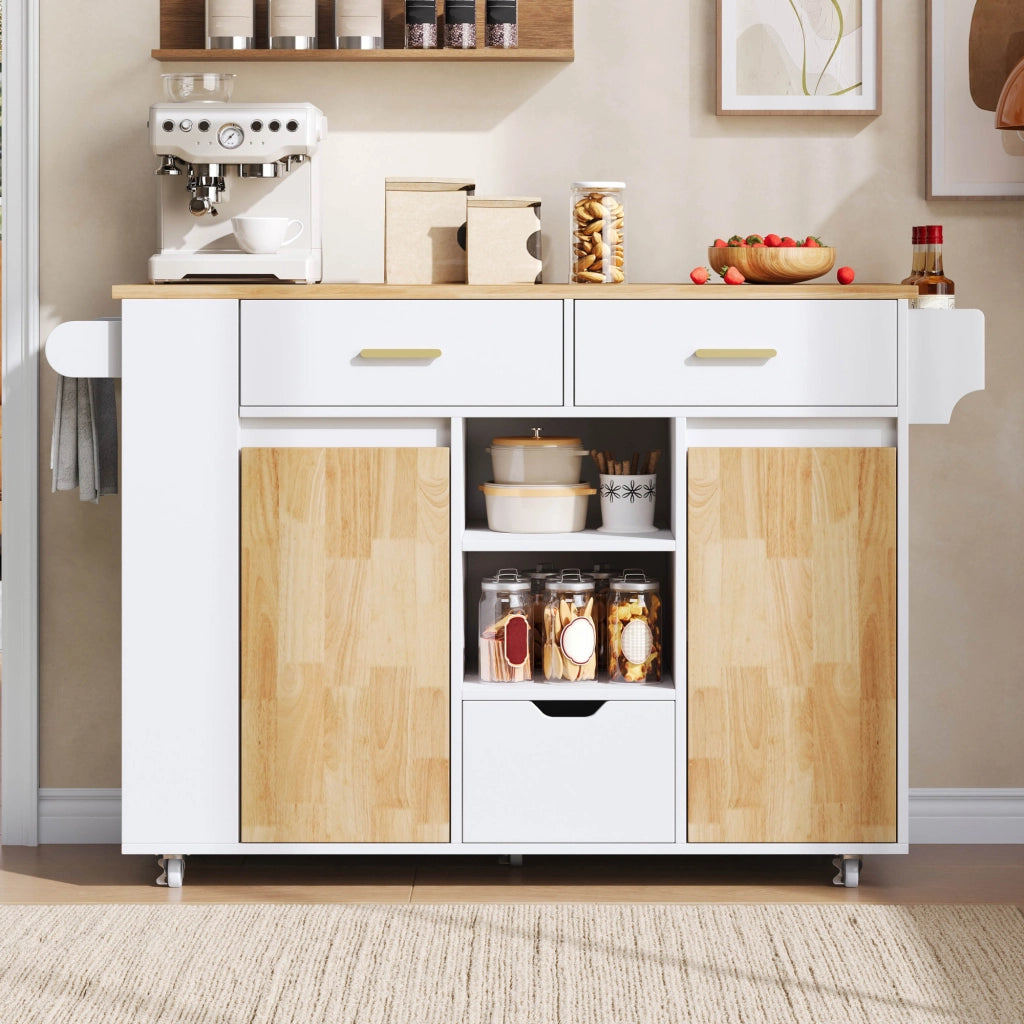 Isola da cucina mobile con piano ribaltabile e ruote bloccabili in MDF bianco