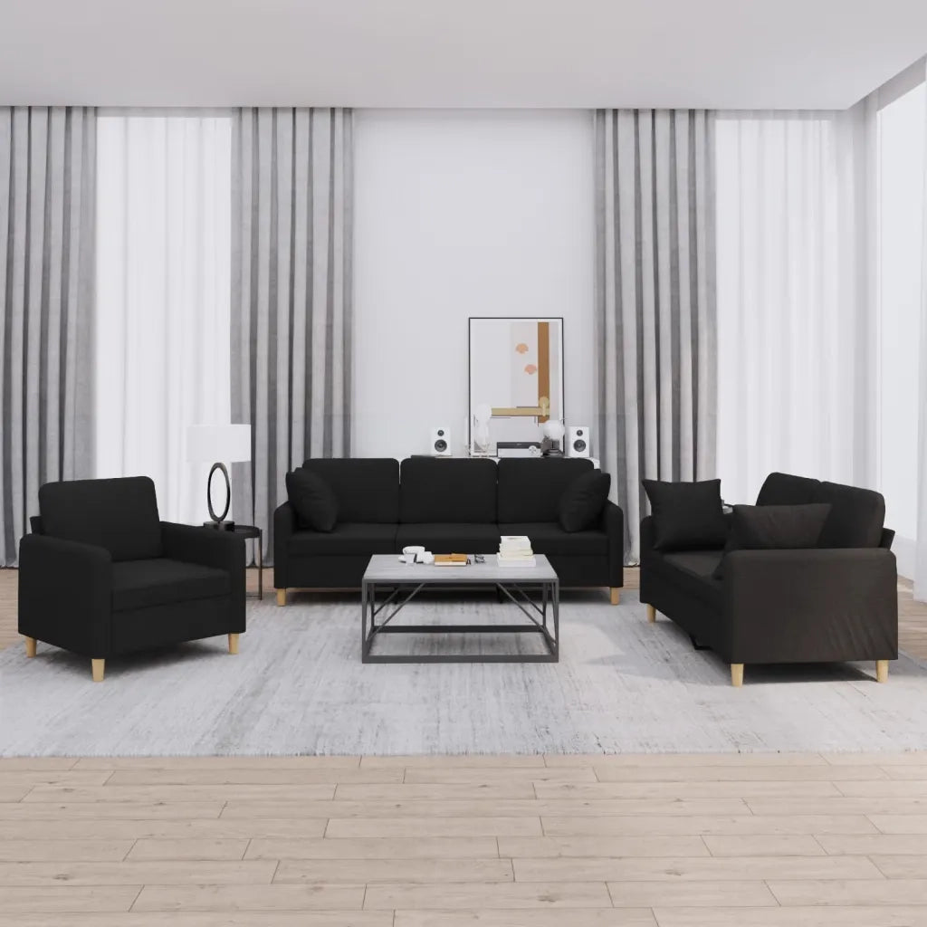 Set Divani 3 pz con Cuscini Nero in Tessuto 3202074