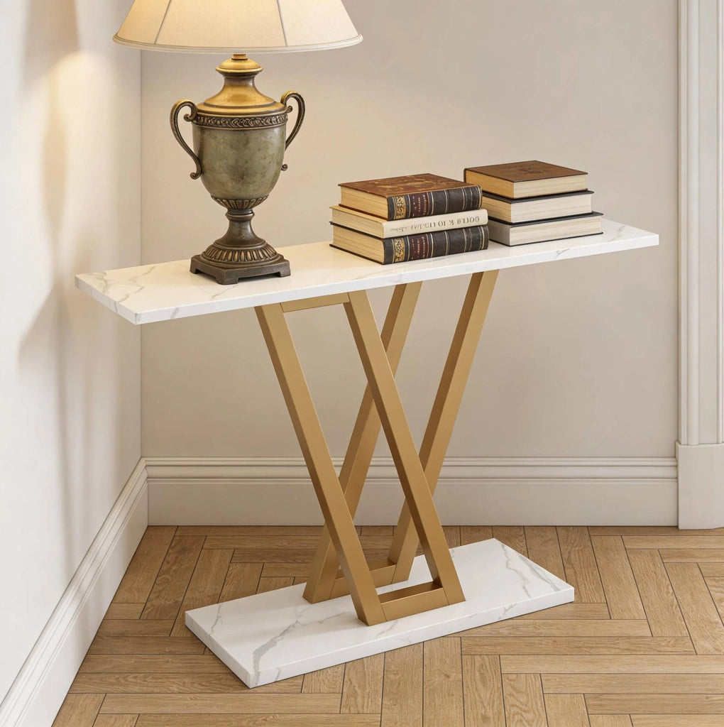 Tavolo consolle stretto 110 x 30 x 80 cm in MDF e metallo bianco e oro