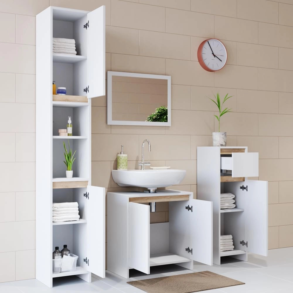 Mobile bagno alto Emma, Bianco/Sonoma, 30 x 190 cm, combinabile con la serie Emma per l'organizzazione in bagno