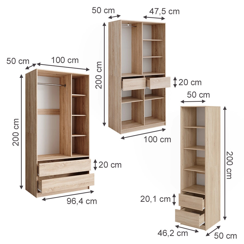Armadio Elmo Sonoma 100 x 200 cm Set di 3 Vicco