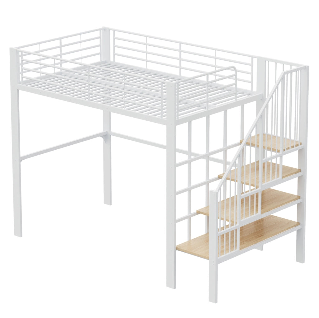 Letto a soppalco 140x200 cm in metallo e legno con scala e vano contenitore; bianco